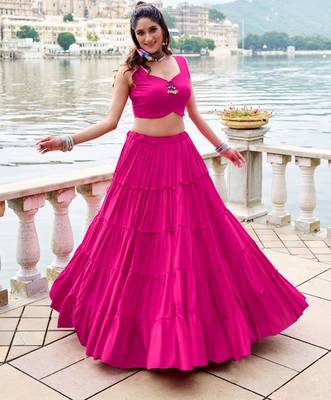 hot pink rayon plain traditional lehenga choli with free size upto 42 3