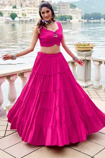 hot pink rayon plain traditional lehenga choli with free size upto 42