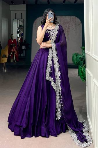 purple silk blend embroidered traditional lehenga choli
