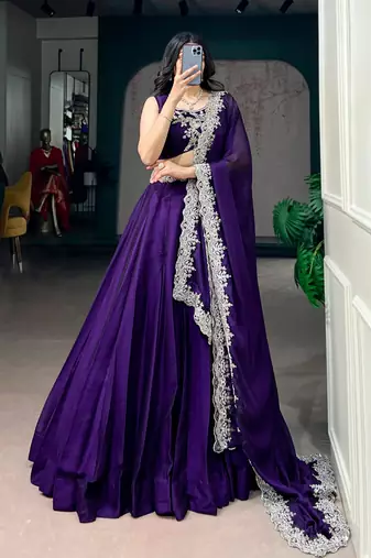 purple silk blend embroidered traditional lehenga choli