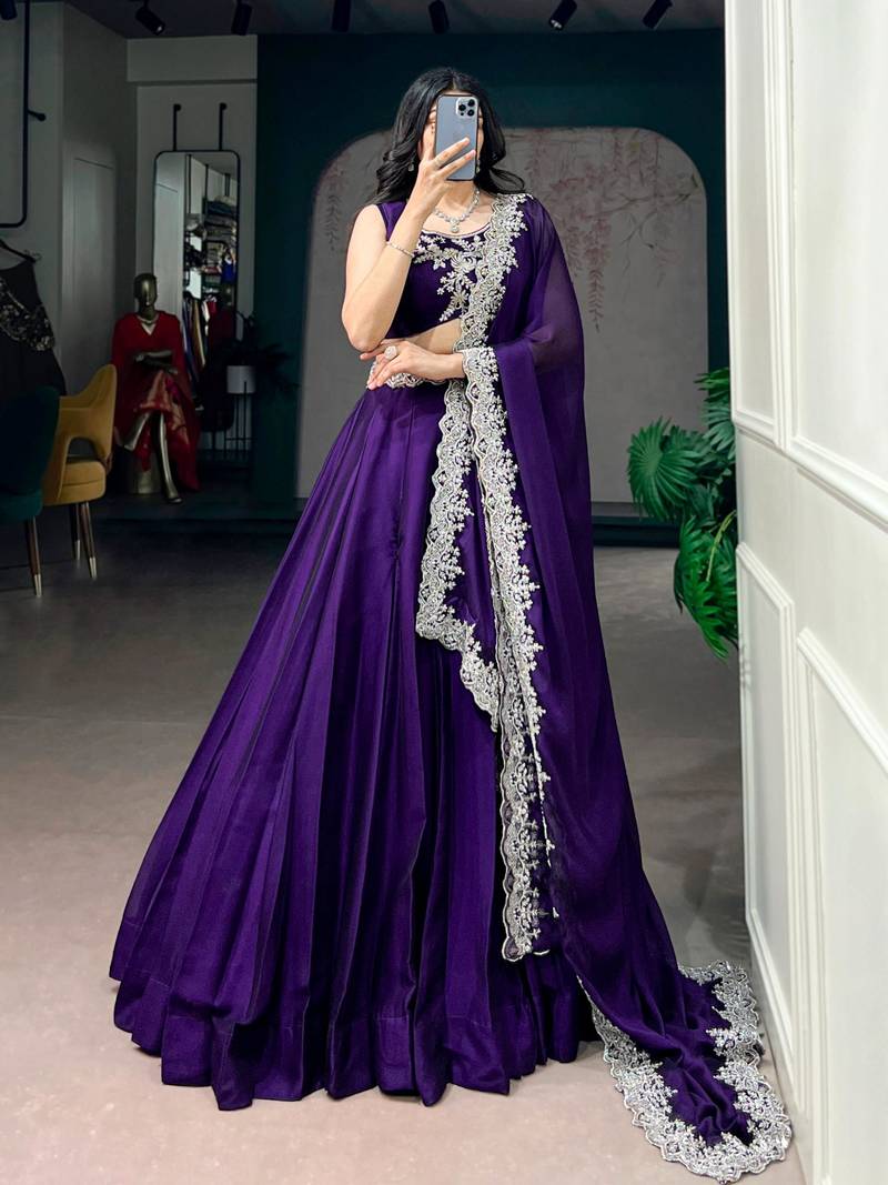purple silk blend embroidered traditional lehenga choli