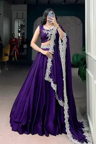 purple silk blend embroidered traditional lehenga choli