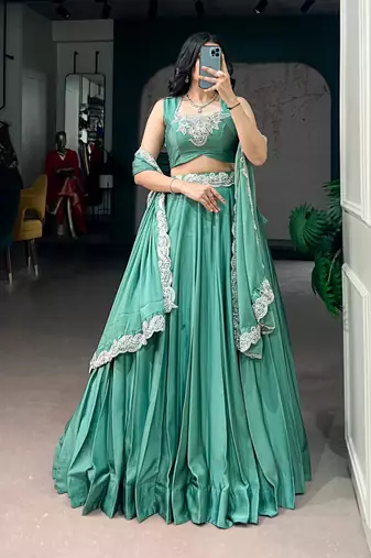 sea green silk blend embroidered traditional lehenga choli
