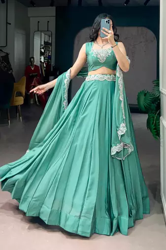 sea green silk blend embroidered traditional lehenga choli