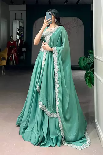 sea green silk blend embroidered traditional lehenga choli