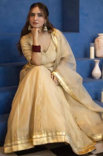 gold silk blend embroidered traditional lehenga choli