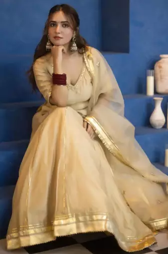 gold silk blend embroidered traditional lehenga choli
