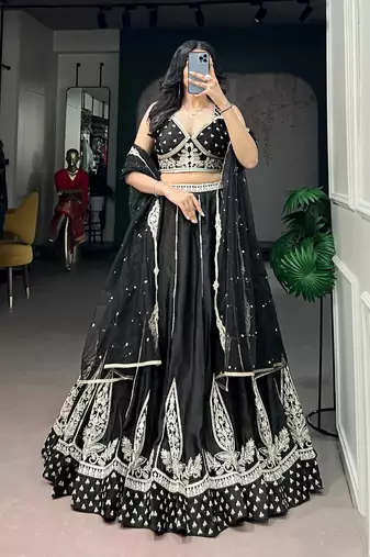 black silk blend embroidered traditional lehenga choli