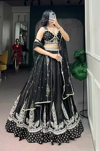 black silk blend embroidered traditional lehenga choli
