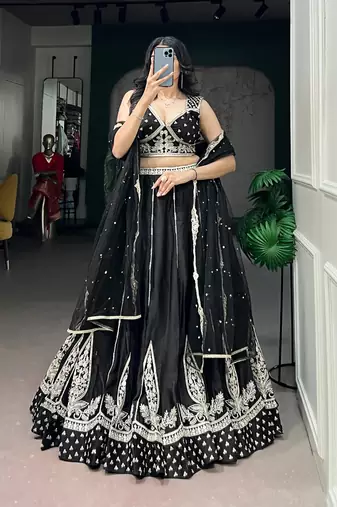 black silk blend embroidered traditional lehenga choli