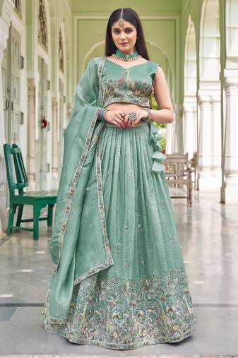 light green silk blend embroidered traditional lehenga choli