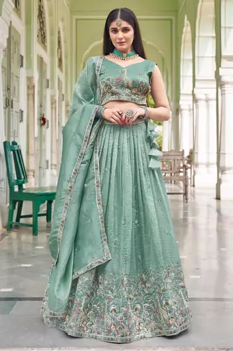 light green silk blend embroidered traditional lehenga choli
