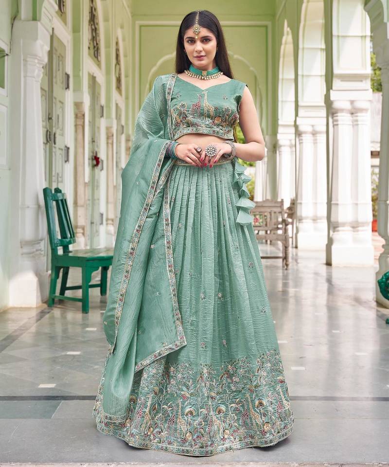 light green silk blend embroidered traditional lehenga choli