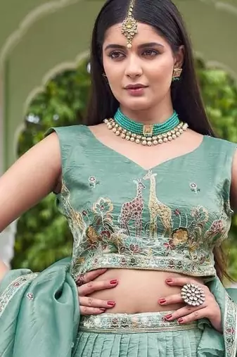 light green silk blend embroidered traditional lehenga choli