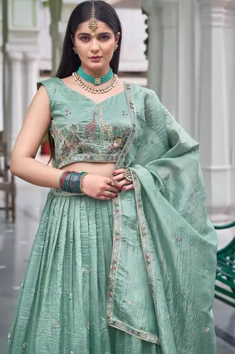 light green silk blend embroidered traditional lehenga choli