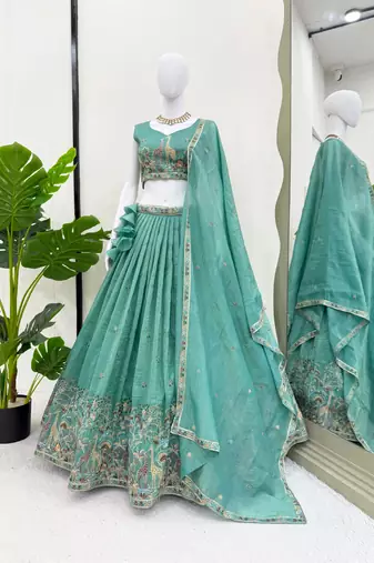 light green silk blend embroidered traditional lehenga choli