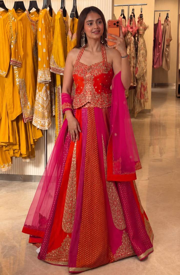 multicolor silk blend embroidered traditional lehenga choli