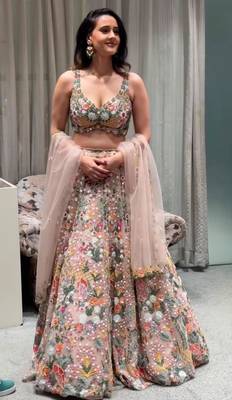 peach net embroidered traditional lehenga choli 1