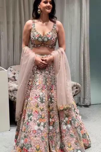 peach net embroidered traditional lehenga choli