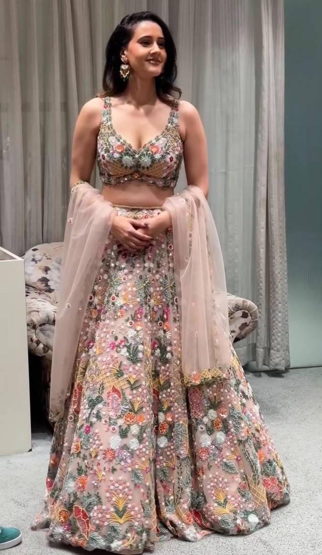 peach net embroidered traditional lehenga choli