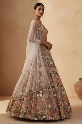 peach net embroidered traditional lehenga choli