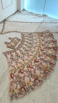 peach net embroidered traditional lehenga choli 3