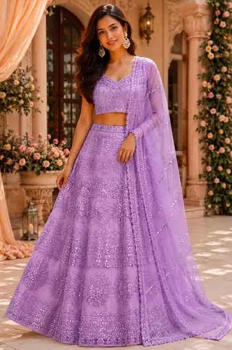 lavender net embroidered traditional lehenga choli