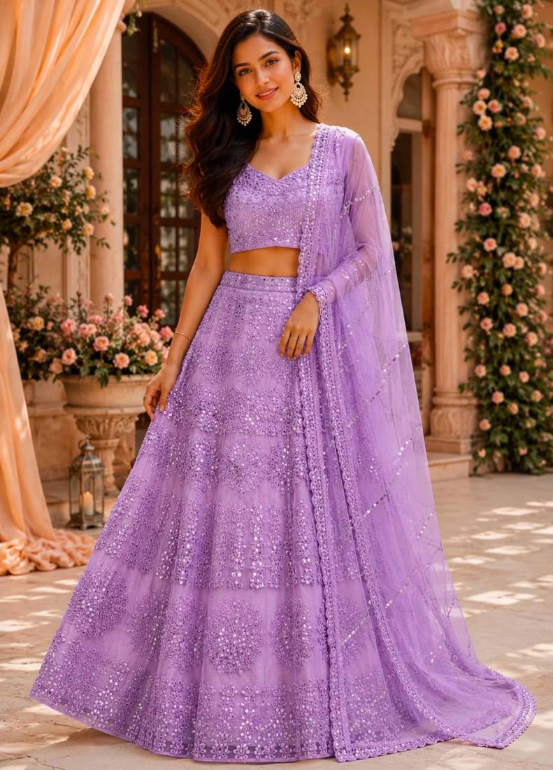 lavender net embroidered traditional lehenga choli