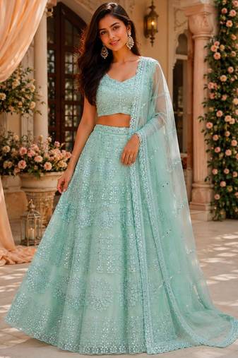 light green net embroidered traditional lehenga choli