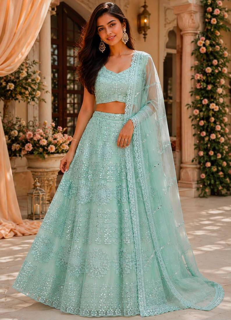 light green net embroidered traditional lehenga choli