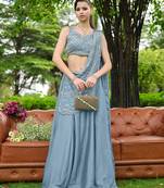 sky blue silk blend plain traditional lehenga choli with free size upto 44