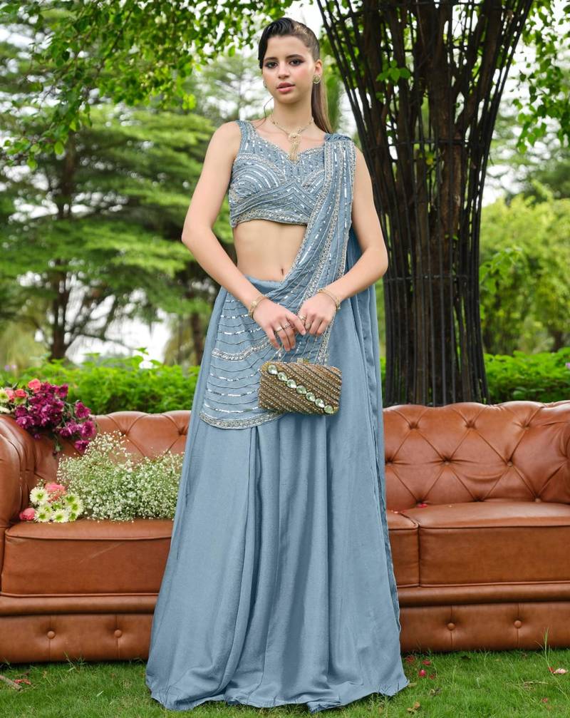 sky blue silk blend plain traditional lehenga choli with free size upto 44