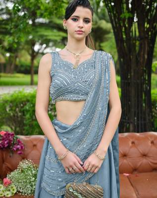 sky blue silk blend plain traditional lehenga choli with free size upto 44 2