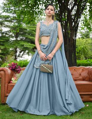 sky blue silk blend plain traditional lehenga choli with free size upto 44 3