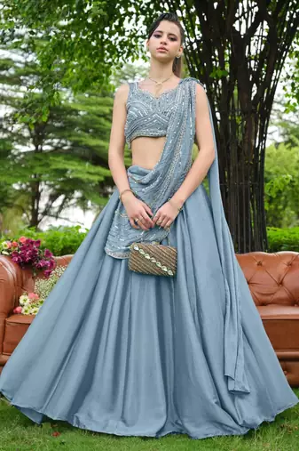 sky blue silk blend plain traditional lehenga choli with free size upto 44