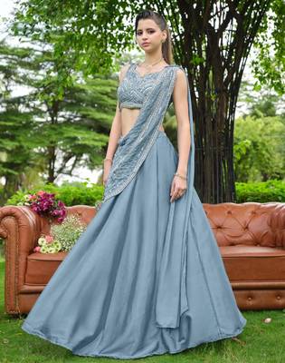 sky blue silk blend plain traditional lehenga choli with free size upto 44 4