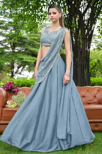 sky blue silk blend plain traditional lehenga choli with free size upto 44