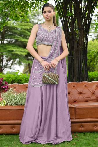 lavender silk blend plain traditional lehenga choli with free size upto 44