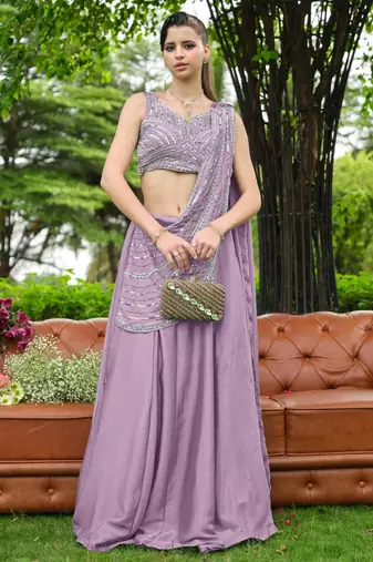 lavender silk blend plain traditional lehenga choli with free size upto 44