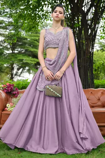 lavender silk blend plain traditional lehenga choli with free size upto 44