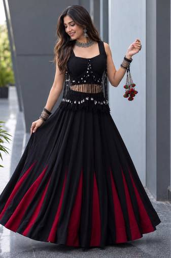 black cotton poly embroidered traditional lehenga choli with free size upto 42
