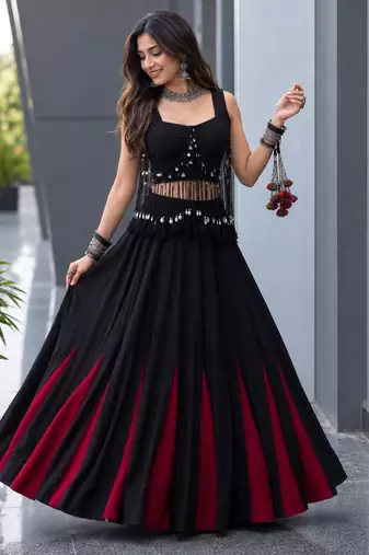 black cotton poly embroidered traditional lehenga choli with free size upto 42