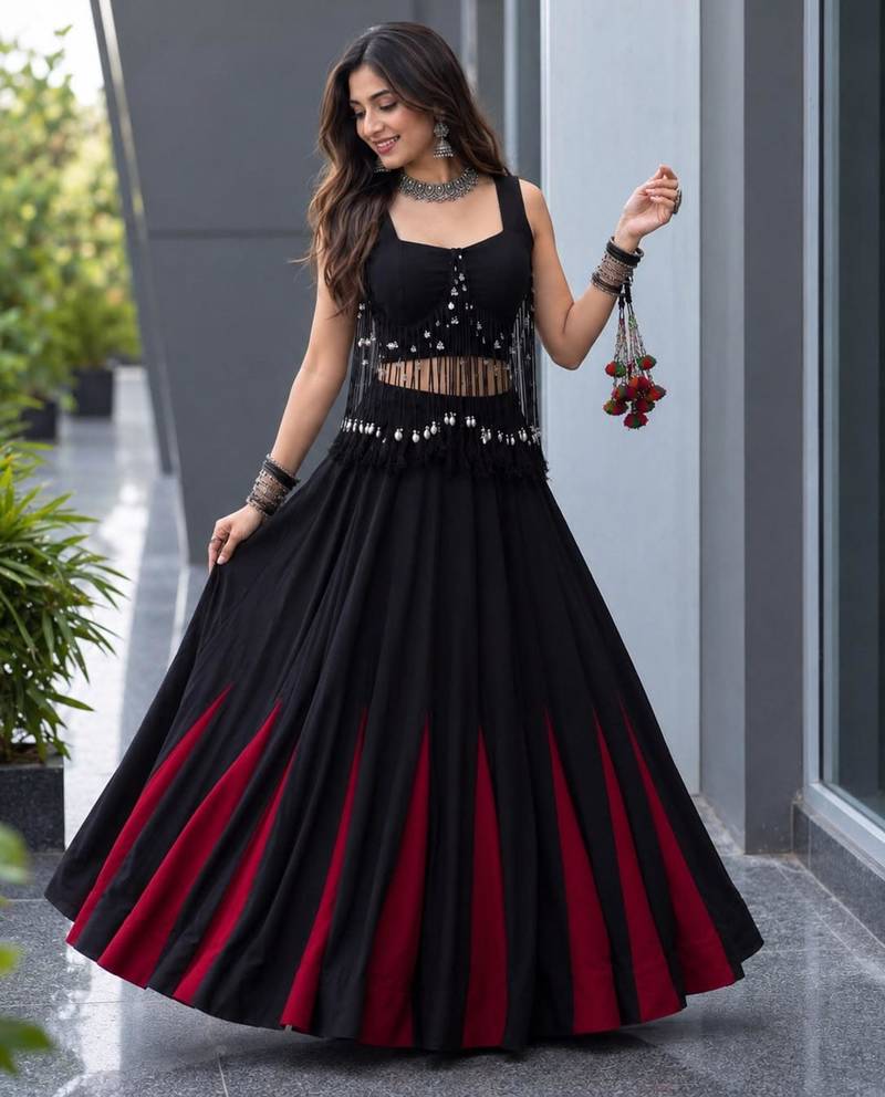 black cotton poly embroidered traditional lehenga choli with free size upto 42