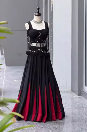 black cotton poly embroidered traditional lehenga choli with free size upto 42