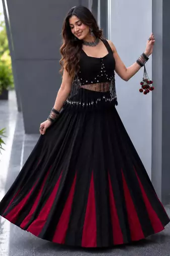 black cotton poly embroidered traditional lehenga choli with free size upto 42