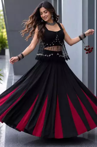 black cotton poly embroidered traditional lehenga choli with free size upto 42