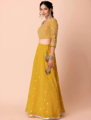 dark yellow georgette embroidered traditional lehenga choli 4