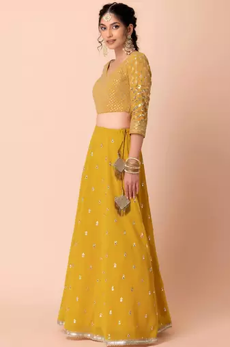 dark yellow georgette embroidered traditional lehenga choli