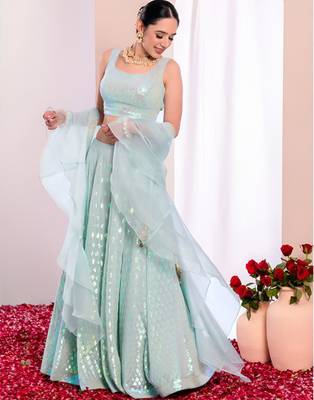aqua blue georgette embroidered traditional lehenga choli 1