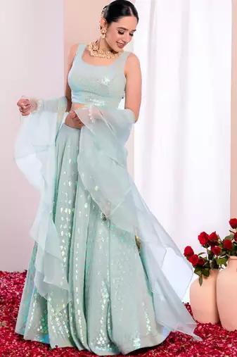 aqua blue georgette embroidered traditional lehenga choli